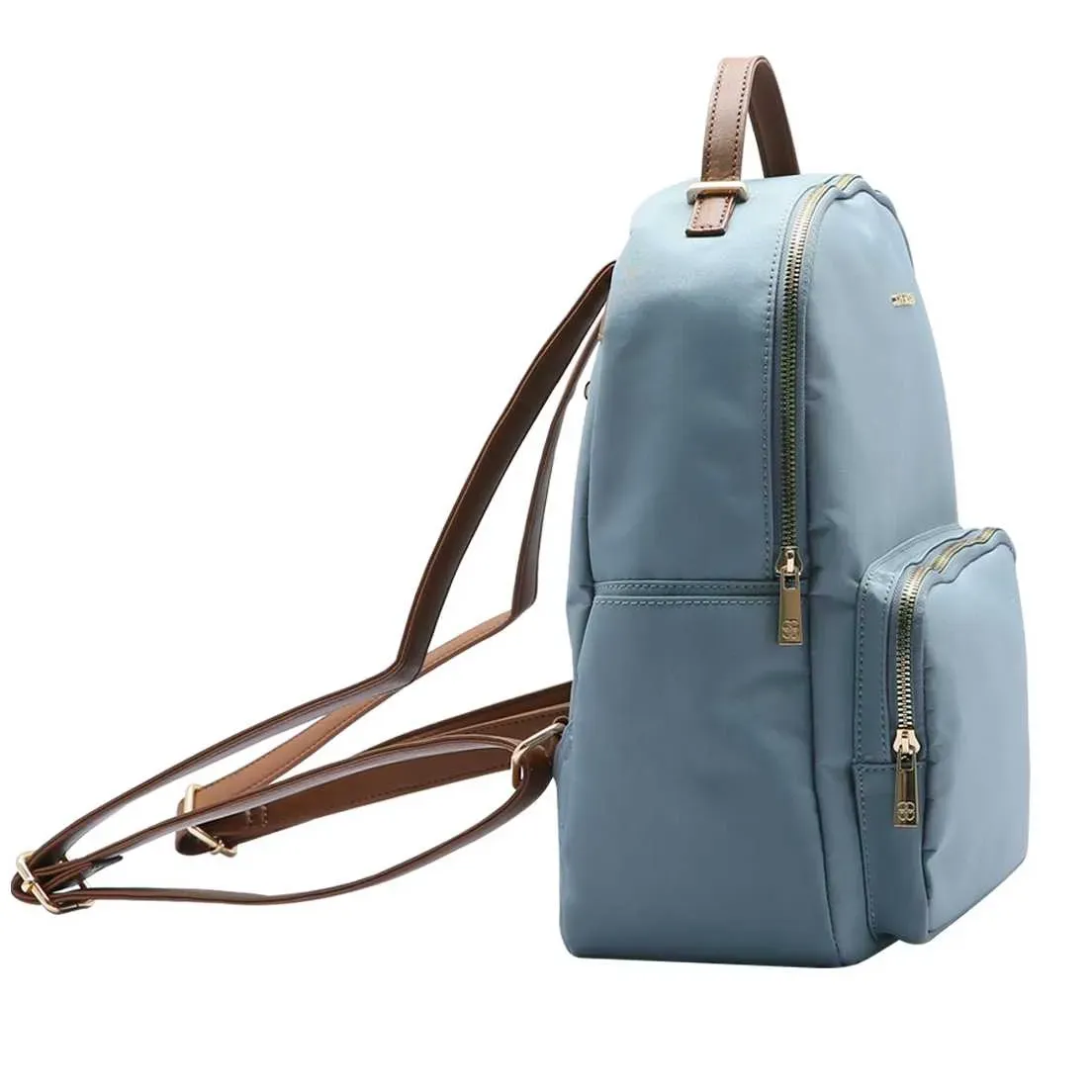 Mochila feminina Chenson cinza vista lateral mostrando alças ajustáveis e zíper dourado